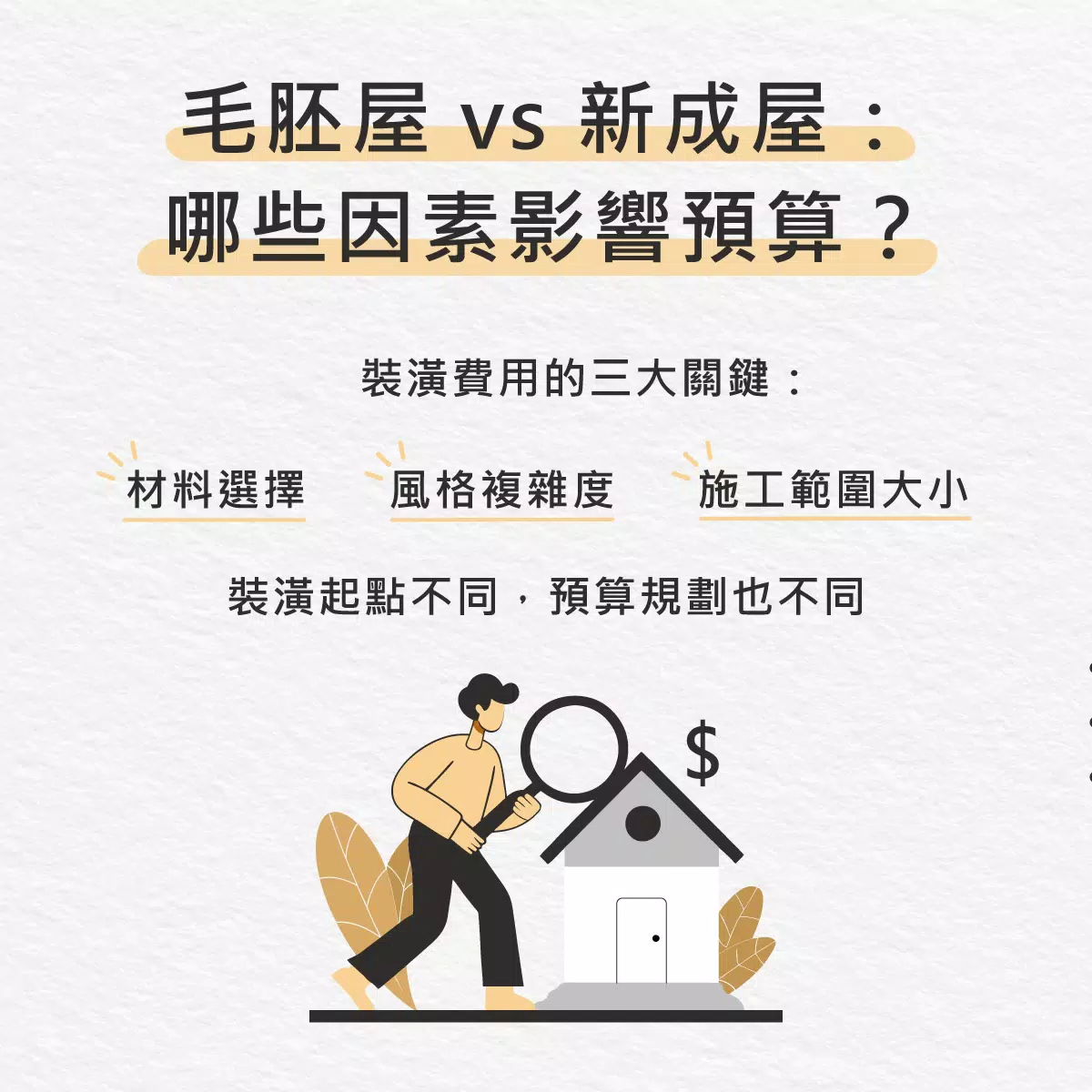 初寓設計在台北執行毛胚屋與新成屋時，哪些因素會影響預算